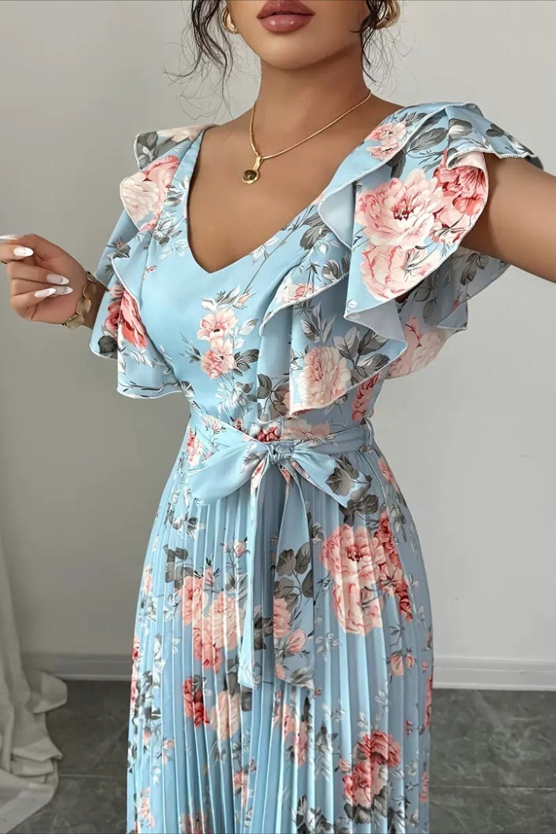 Print Ruffle Sleeve V Neck Pleated Maxi Dress