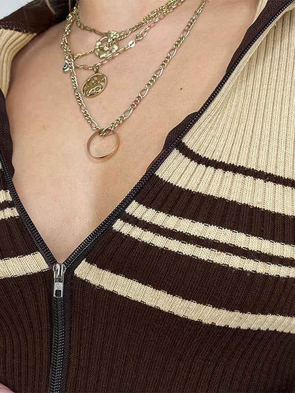 Brown Striped Patchwork Lapel Cardigan