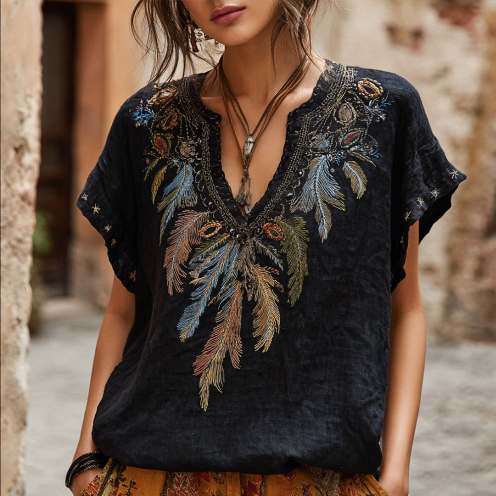 Western-style Colorful Feather Gemstone Element Vintage V-neck Linen Short-sleeved Shirt elevenforest