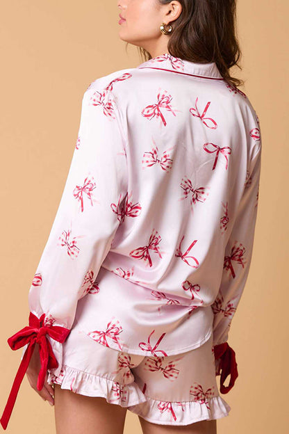 Christmas Printed Bow Tie Top and Elastic Waist Ruffle Shorts Set