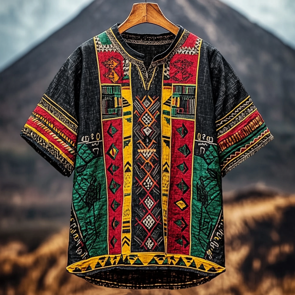 Mens Tribal Geometric Juneteenth Art Linen Shirt elevenforest