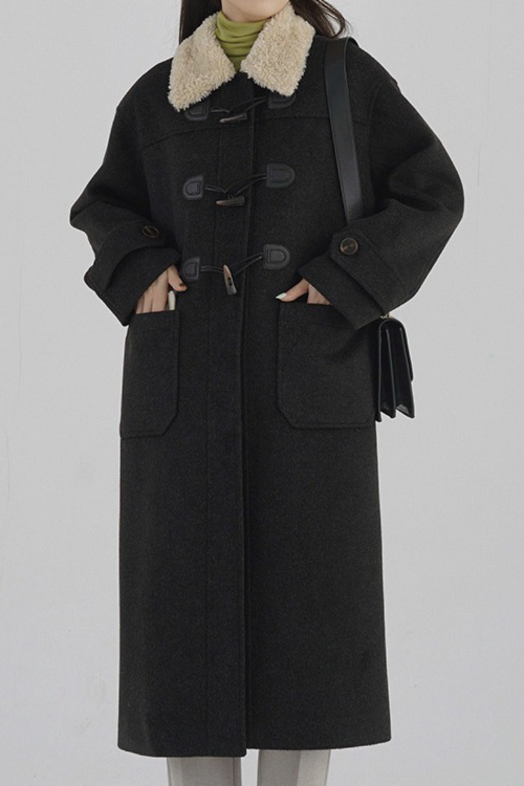 Horn Button Shearling Collar Red Overcoat