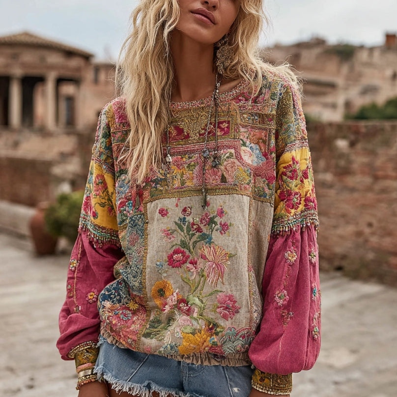 Women's Vintage Bohemian Floral Embroidery Patchwork Art Round Neck Long Sleeve Linen Blend T-shirt elevenforest