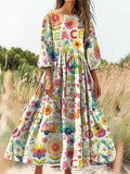 Women's Hippie Peace Love Art Print Flowy Cotton Crew Neck Dress