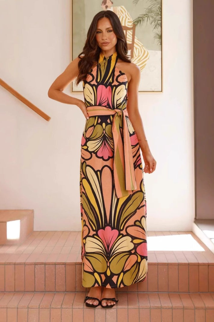 Print Halter Belted Waist Maxi Dress