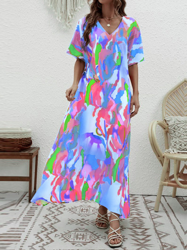 Loose Short Sleeves Contrast Color High-waisted Printed V-neck Maxi Dresses