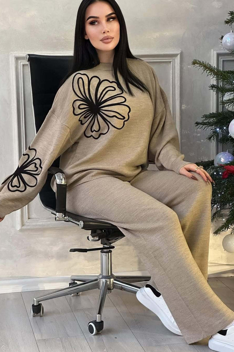 Round Neck Knit Sweater With Pants Two Piece Pants Set