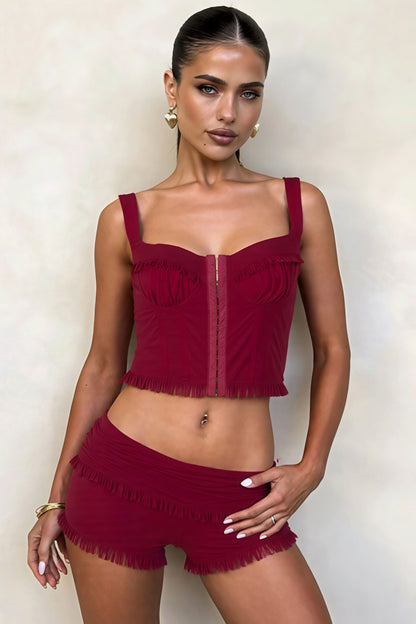 Snap Button Cami Top Slim Ruffle Shorts Skirt Set