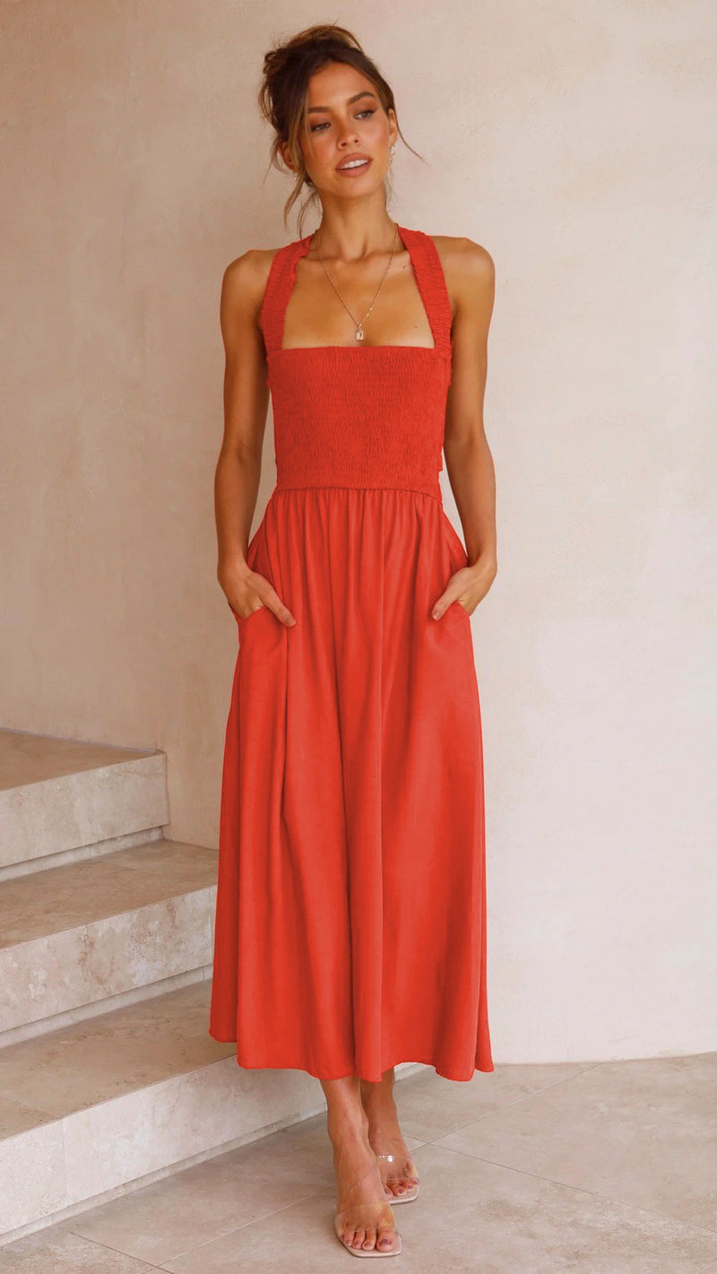 Red Cotton A-line Midi Dress