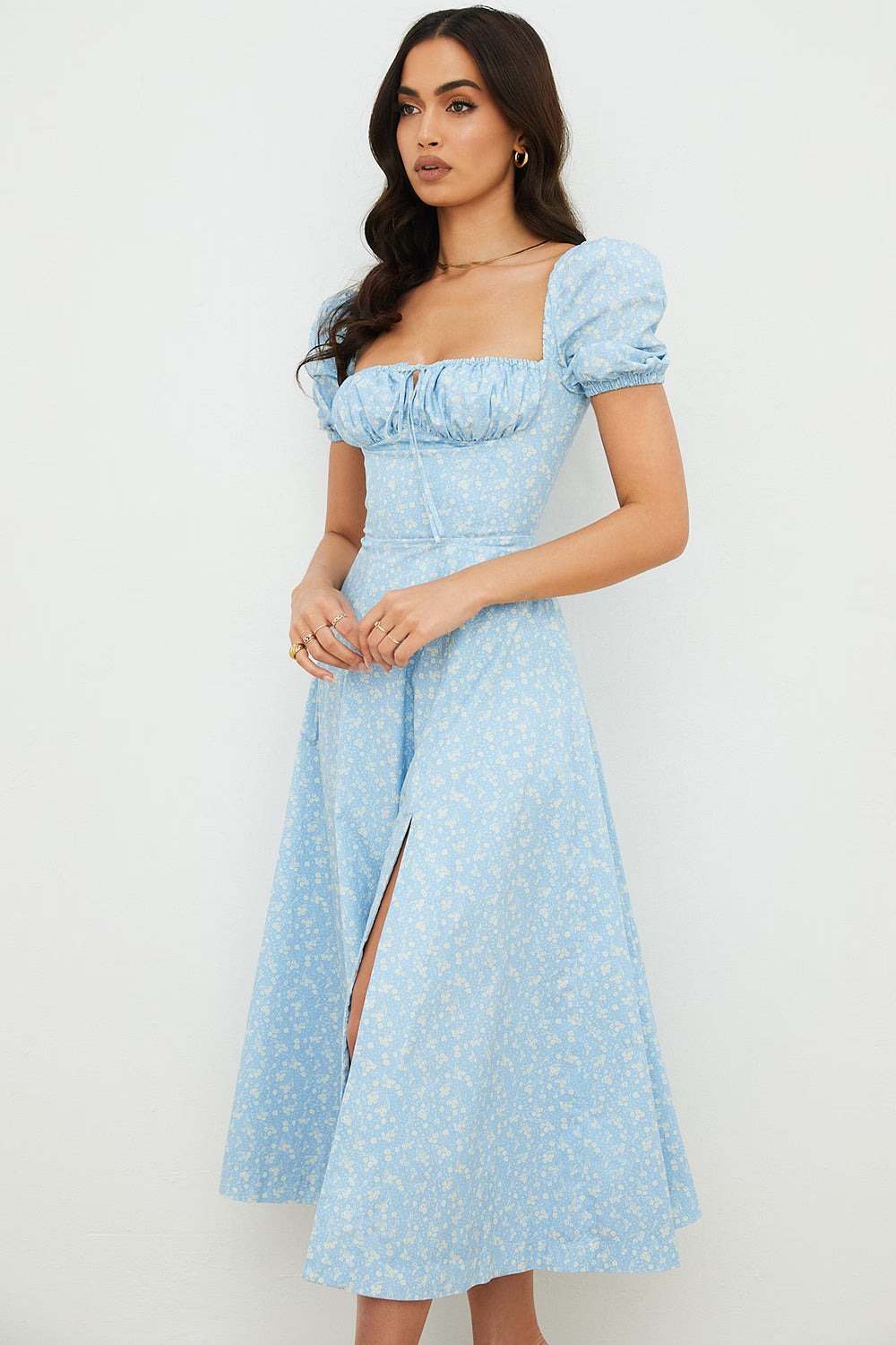 Blue Ivory Puff Sleeve Midi Dress