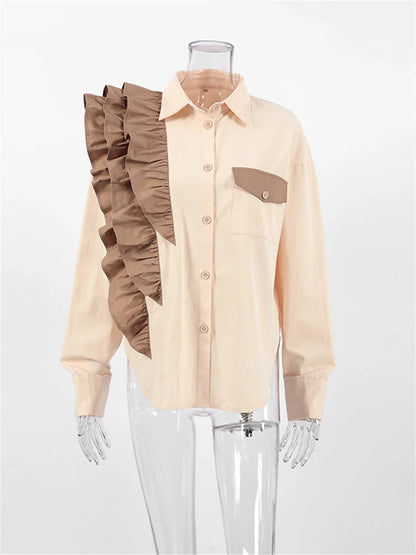 Ruffled Patchwork Shirts for Pocket Lapel Long Sleeve Cardigan Contrast Female Blouse Y2k Top
