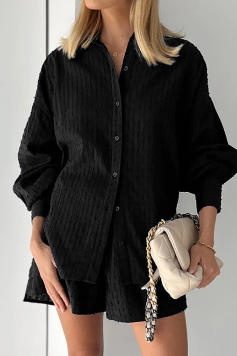 Textured Bubble Sleeve Blouse Shorts Set