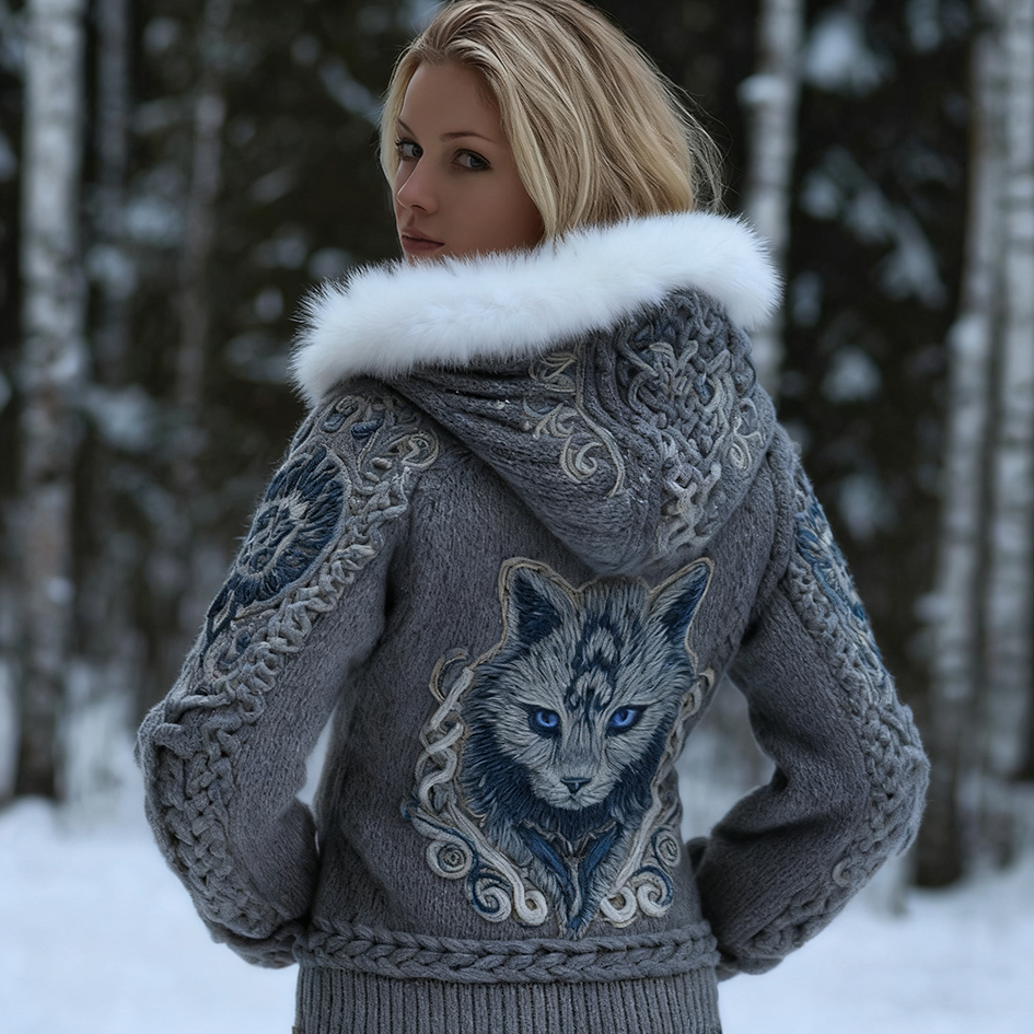 Viking Retro Style Cat Embroidery Pattern Women's Knit Hooded Sweater Jacket artswardrobe