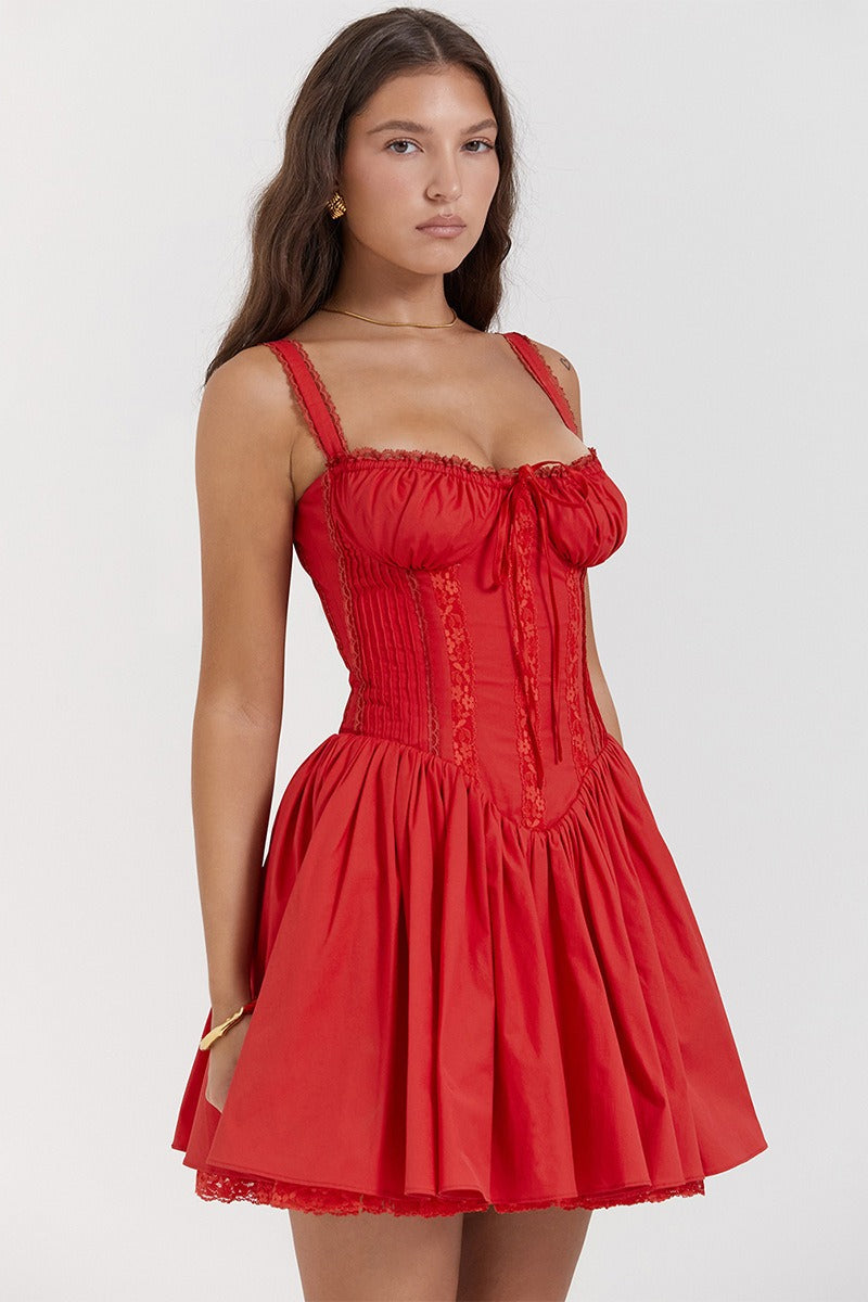Spaghetti Strap Lace Trim Ballet a Line Sleeveless Mini Dress