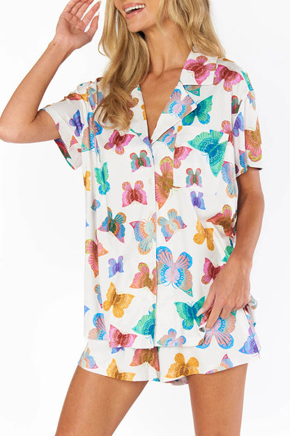 Summer Adventures Unique Print Pocket Loose Shirt and Elastic Waist Shorts Pj / Vacay Set