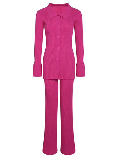 Ol Homewear Leisure Knitted Suit Autumn Long Sleeve Shirts and Wide Legs Pants Suit Two Piece Sets Outfits