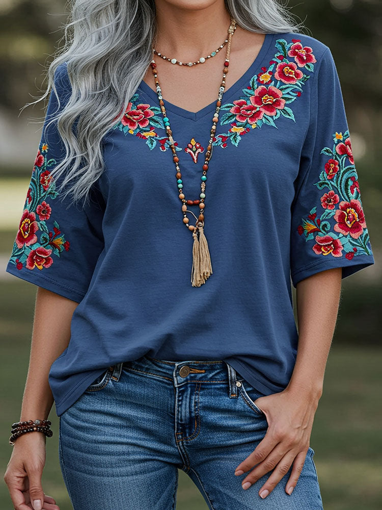 Women's Bohemia Ethnic Print Style Line Loose T-shirt elevenforest