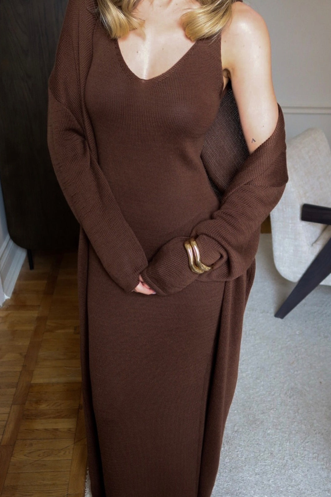 V Neck Cotton Knit Bodycon Two Piece Set