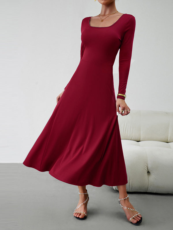A-line High Waisted Color Tied Waist U-neck Midi Dresses