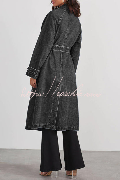 Color Denim Double Pocket Button Down Midi Trench Coat