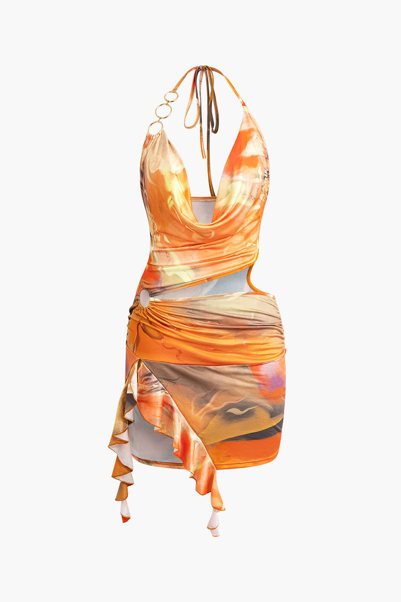 Abstract Print Halter Cowl Neck Slit Mini Dress With Tie Up
