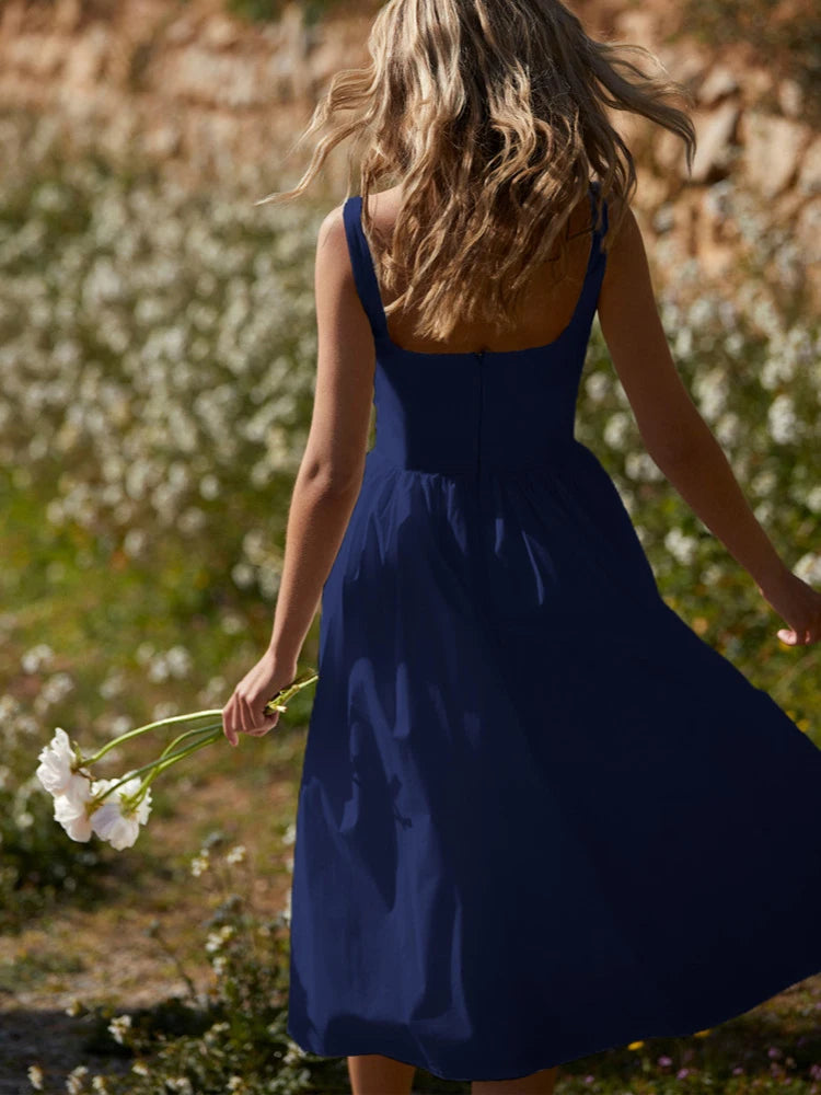 Summer New Backless Midi Dress Spaghetti Strap Sleeveless A-line Loose Slipdress Club Dress