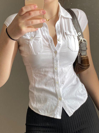 White Y2k Pocket Button Down Cropped Blouse