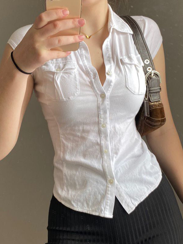 White Y2k Pocket Button Down Cropped Blouse