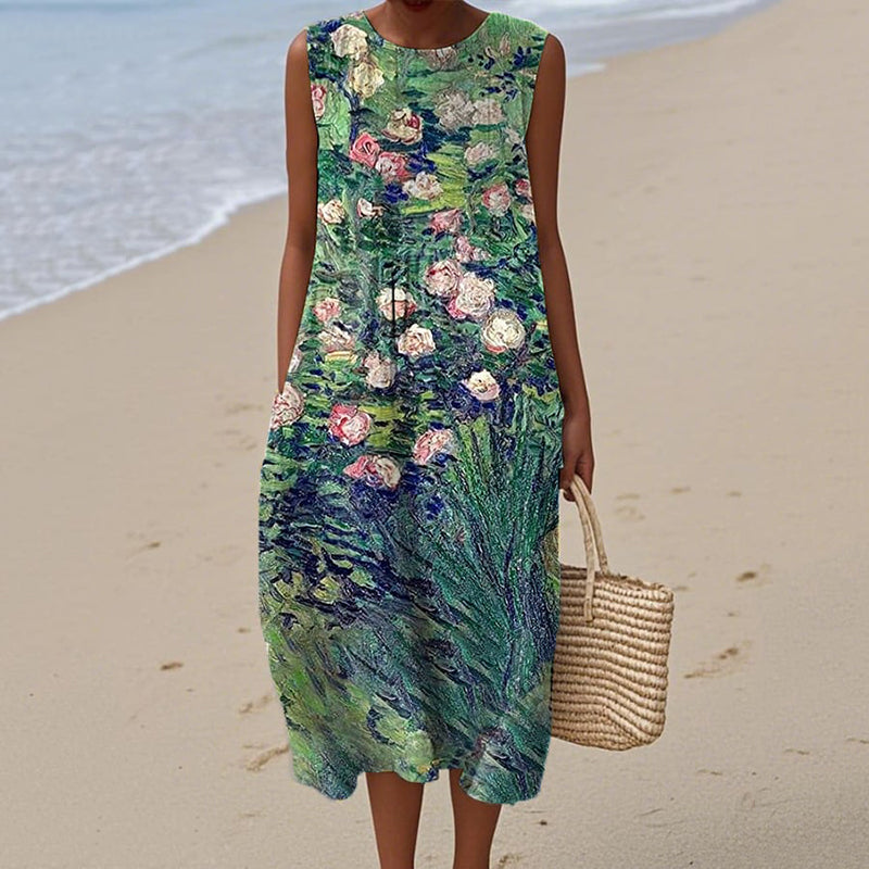Comstylish Women's Retro Oil Floral Painting Casual Midi Dress