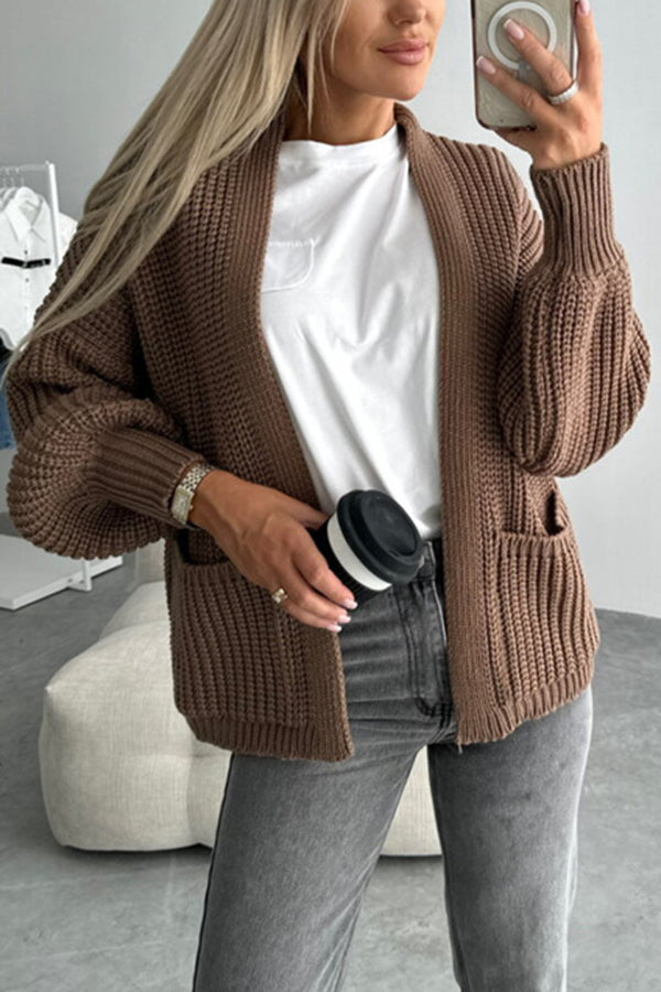 Color V-neck Long-sleeved Knitted Cardigan