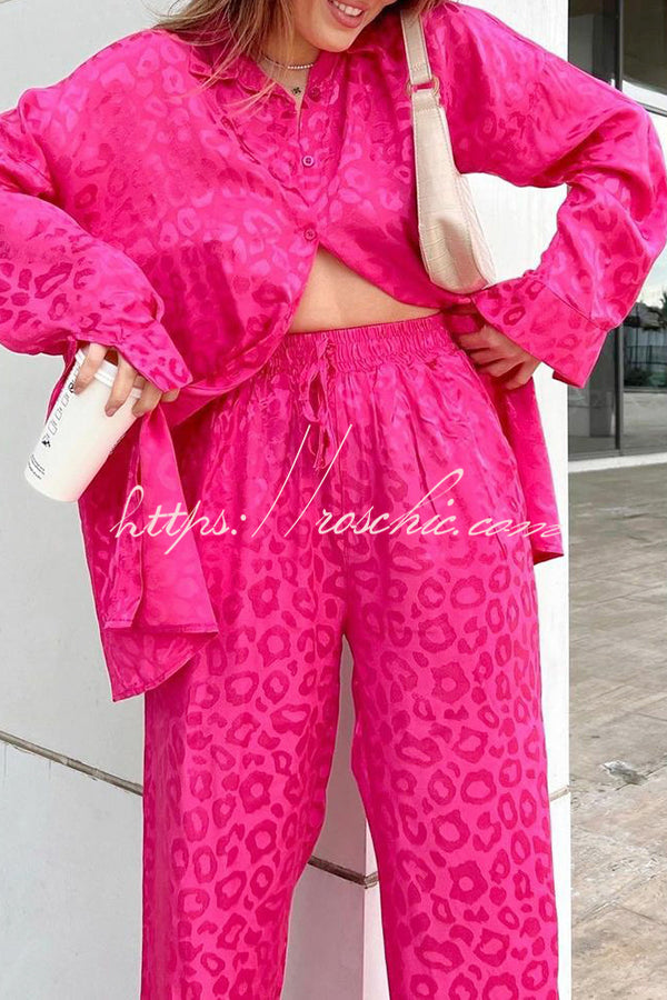 Leopard Print Jacquard Long Sleeved Shirt With Elastic Waist and Pant Two Piece Set