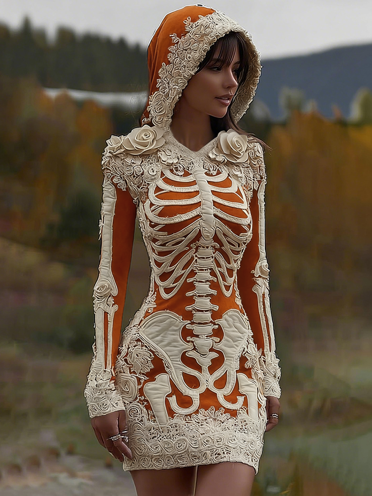 Comstylish Women's Vintage Halloween Skeleton Bones With Rose Art Cozy Knit Hooded Sweater Dress