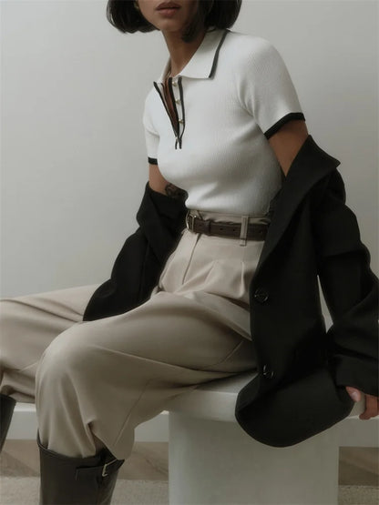 Knit Sweater Pullover Short Sleeve Patchwork Slim Lapel Contrast Knitwear Top Female Skinny Ribbed Pullover