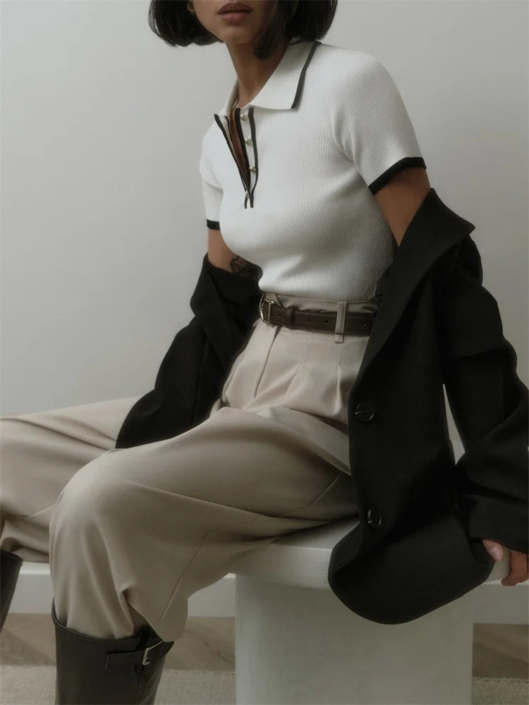 Knit Sweater Pullover Short Sleeve Patchwork Slim Lapel Contrast Knitwear Top Female Skinny Ribbed Pullover