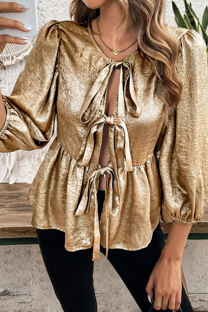 Gold Color Bowknot Front Puff Sleeve Blouse