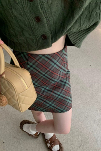 Tweed Plaid High Waist Fitted Short Skirt