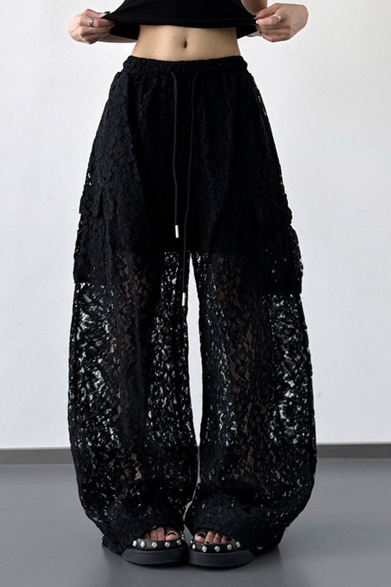 White Lace Cutout Wide Leg Pants