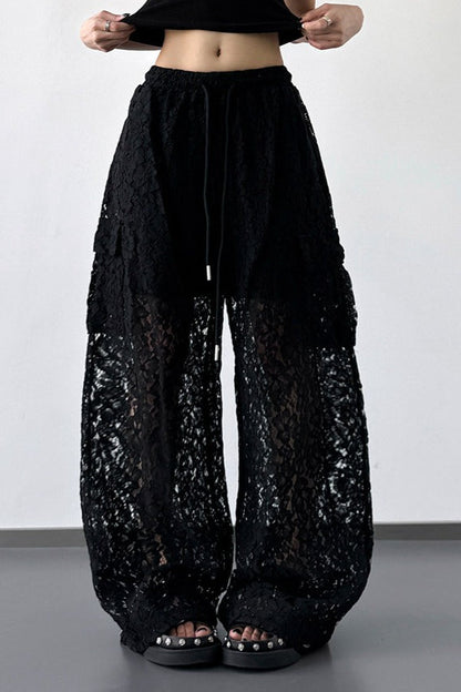 White Lace Cutout Wide Leg Pants