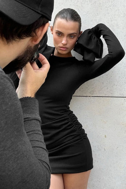 Color Crew Neck Ruffled Ruched Mini Dress