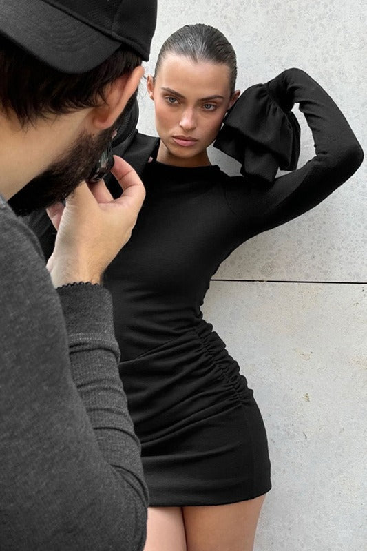 Color Crew Neck Ruffled Ruched Mini Dress