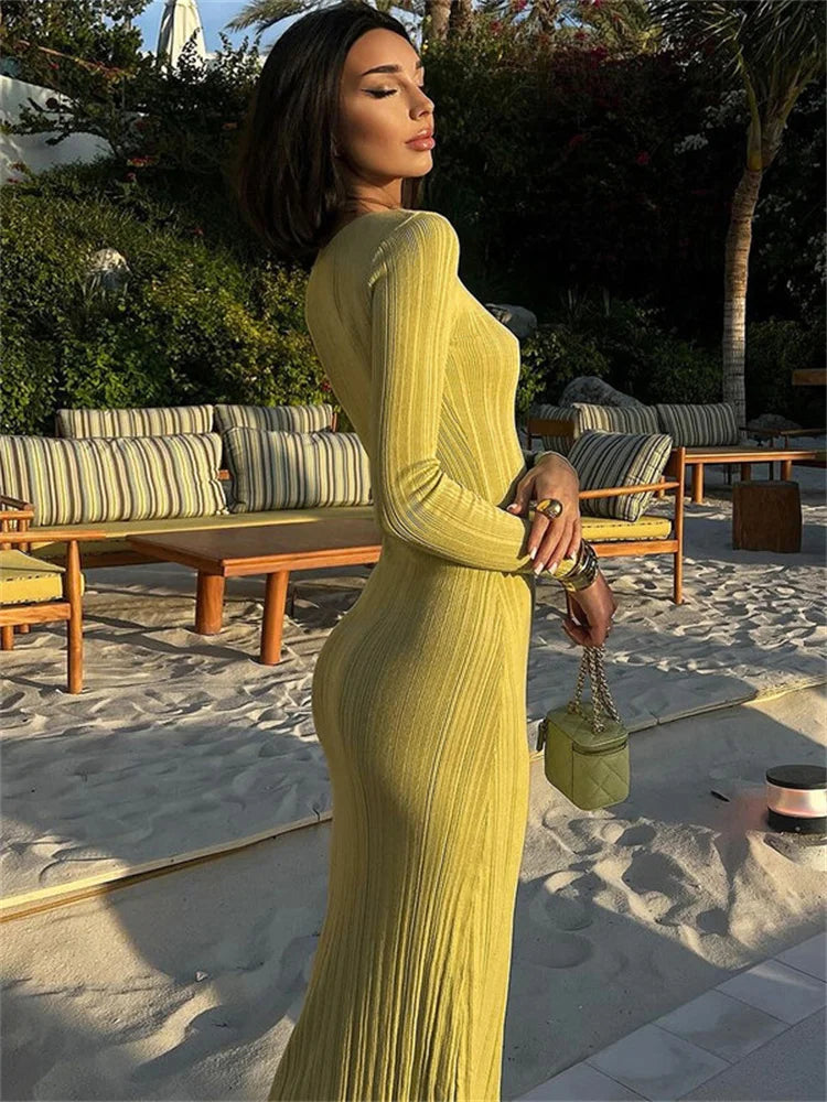 Autumn Slim Maxi Dress for High Waist Patchwork Ribbed Party Dress Long Dress Clothes