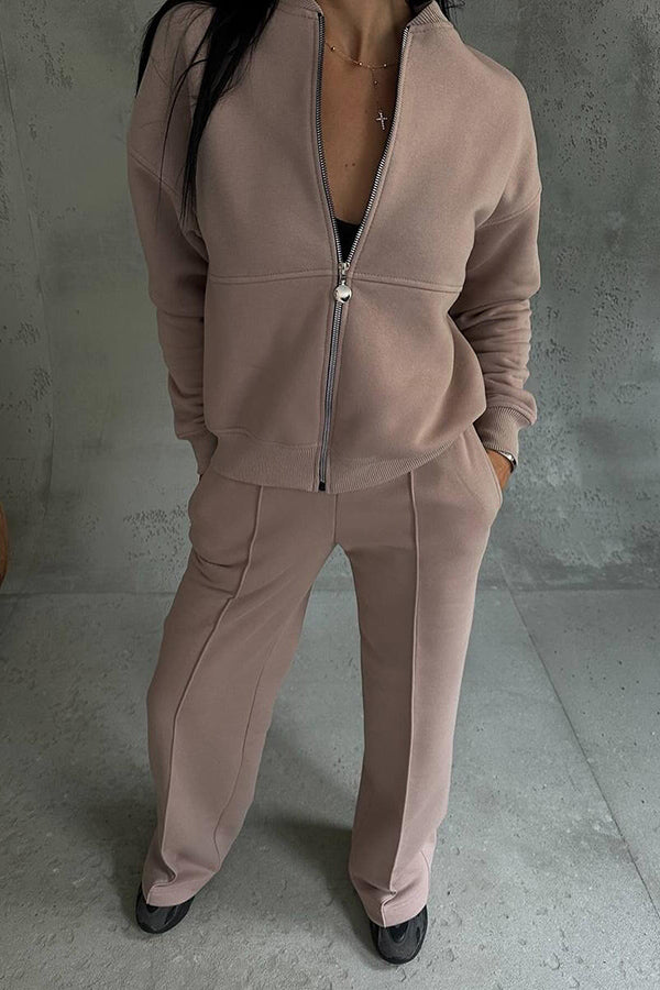 Color Long Sleeve Zipper Jacket and Elastic Waist Pocket Wide Leg Pants Set