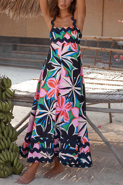 Vivi Print Wavy Suspender Side Zip Maxi Dress