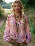 Women's Casual Gradient Purple And Pink Floral Embroidered Linen Long Sleeve Shirt elevenforest