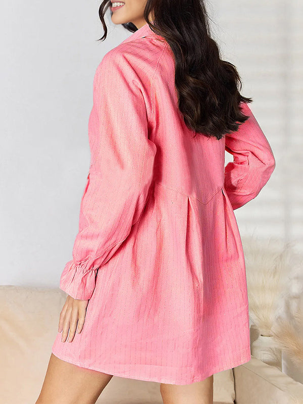 A-line Loose Pleated Split-joint Striped Lapel Mini Dresses Shirt Dress