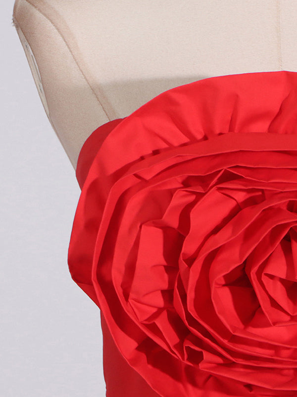 High Waisted Loose Pleated Color Split-joint Three-dimensional Flower Zipper Tube Maxi Dresses