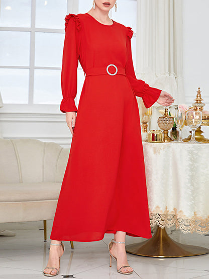 Ruffle Sleeves Belted Color Round-neck Maxi Dresses
