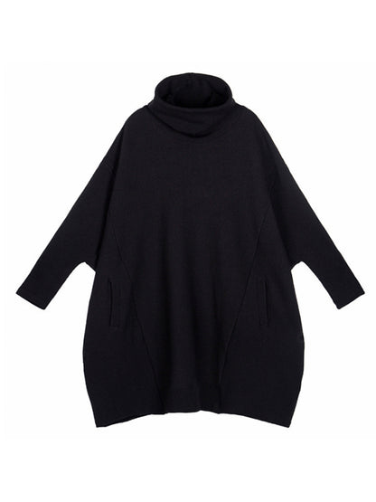 Super Loose Black High-neck Knitting Batwing Sleeves Sweater Dress