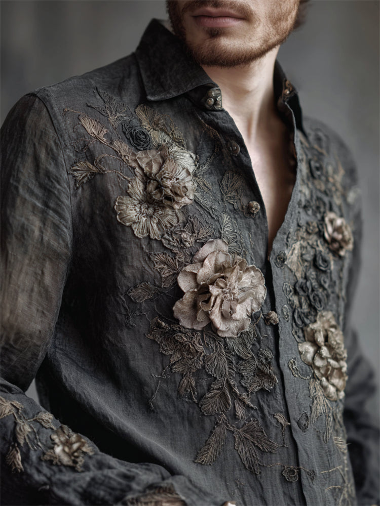 Men's Vintage Flowers Fiber Art Embroidered Linen Shirt elevenforest