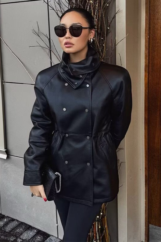 Black Stand Collar Slim Faux Leather Mid-length Coat